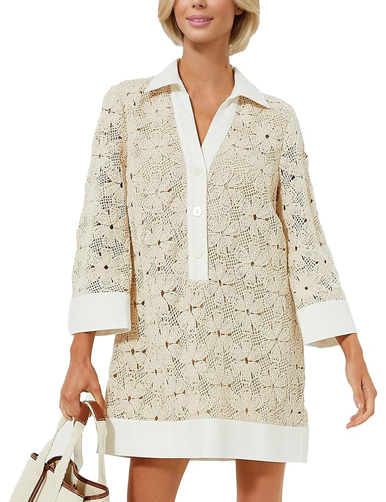 Womens Swimsuit Crochet Swim Cover Up Summer Color Block Bathing Suit Swimwear Mesh Knit Beach Dr... | Amazon (US)