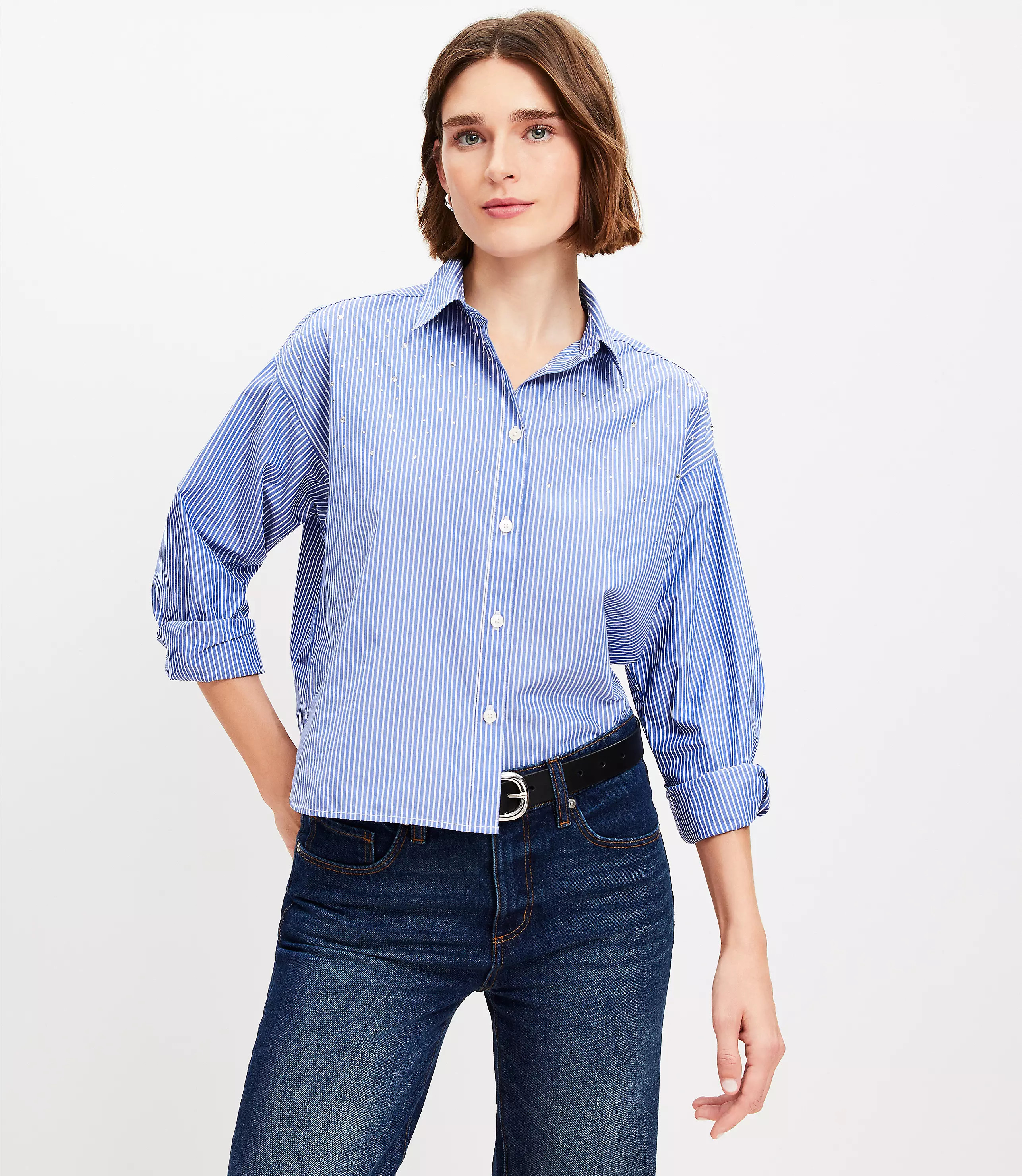 Petite Sparkle Striped Poplin Modern Shirt | LOFT
