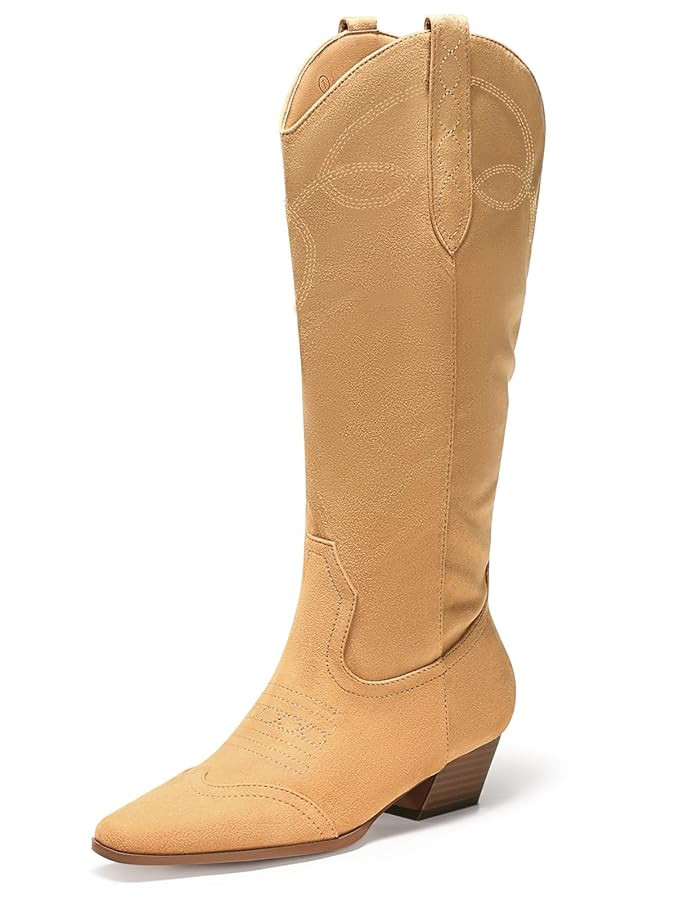 Coutgo Womens Cowboy Western Boots with Embroidered Square Toe Chunky Heel Mid Calf Boots Fall Wi... | Amazon (US)