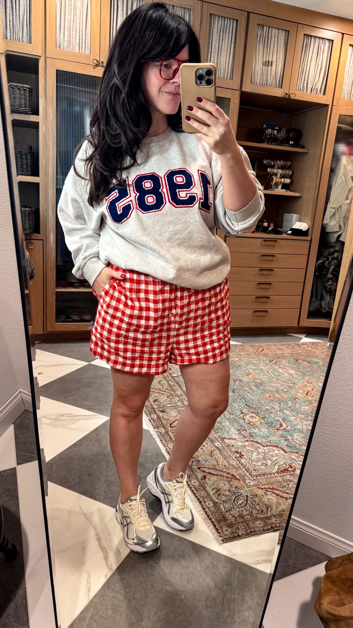 Comfy spring casual outfit 
Large in the 1985 sweatshirt 
Xl in the gingham boxers 
ASICS sneakers tts 


#LTKSaleAlert #LTKSpringSale #LTKMidsize