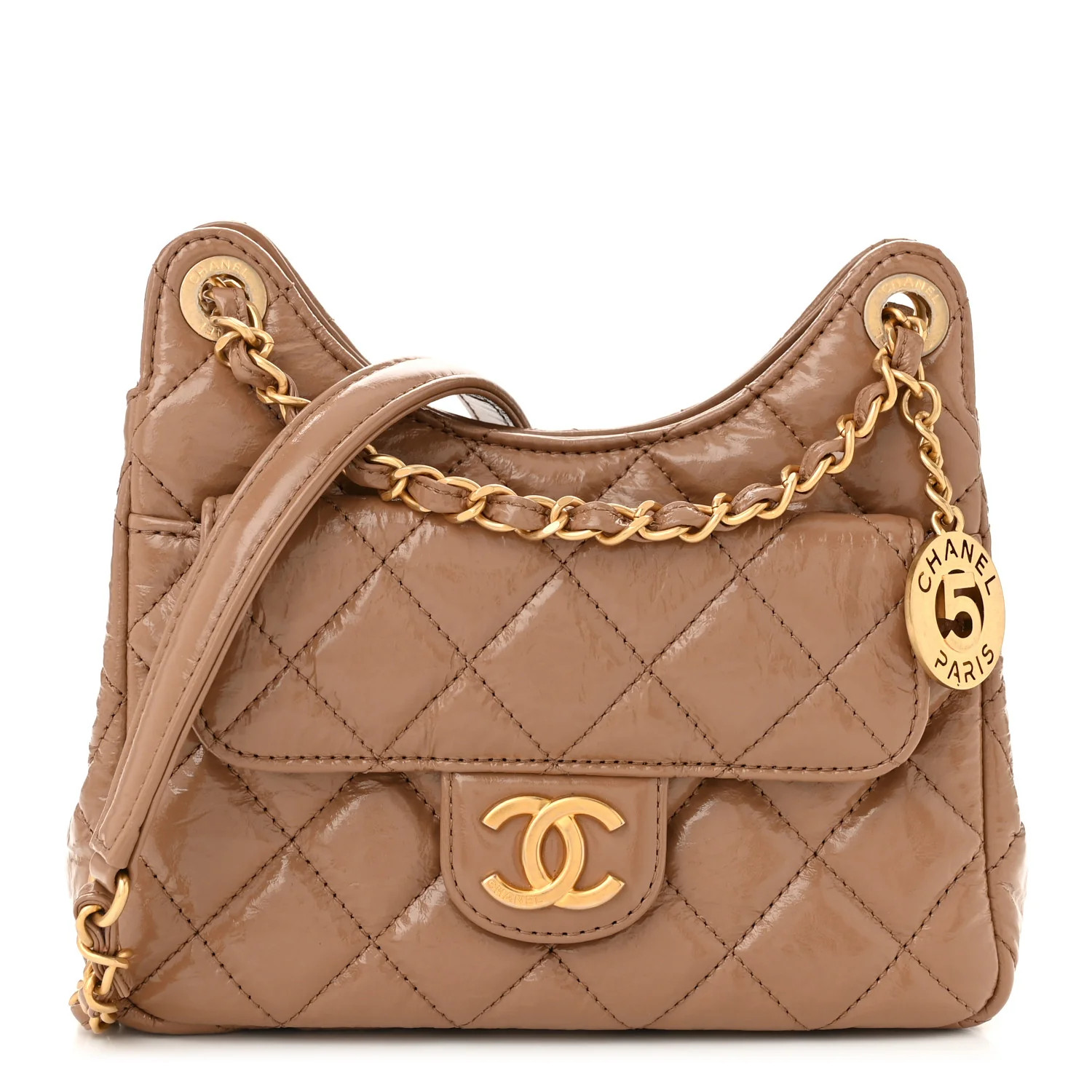 Shiny Crumpled Calfskin Quilted Small Wavy CC Hobo Dark Beige | FASHIONPHILE (US)