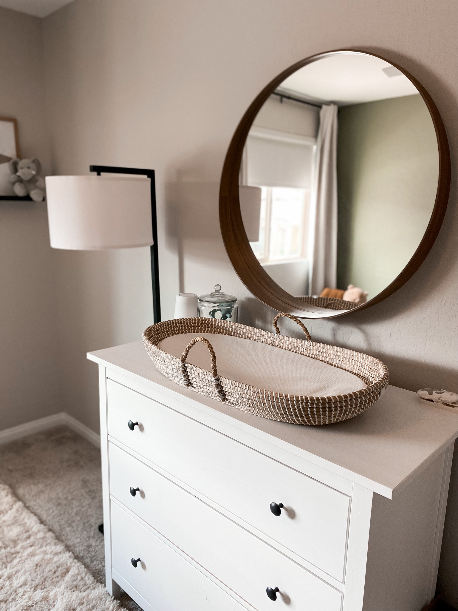 Boy nursery 🖤 
Dresser & Mirror: IKEA

Nursery / boy nursery / changing pad / Moses basket / round mirror / nursery mirror / Walmart / floor lamp / neutral nursery / baby boy / hospital bag / maternity / postpartum / bump friendly 

#LTKbump #LTKbaby #LTKkids