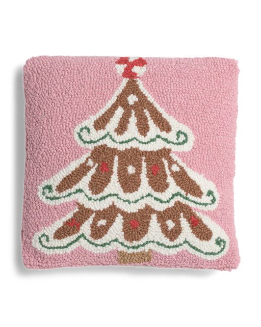 12x12 Wool Blend Hand Hooked Gingerbread Tree Pillow | TJ Maxx