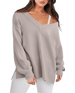 ANRABESS Oversized Long Sleeve Shirts for Women Off the Shoulder Sweatshirt Loose V Neck Tunic To... | Amazon (US)