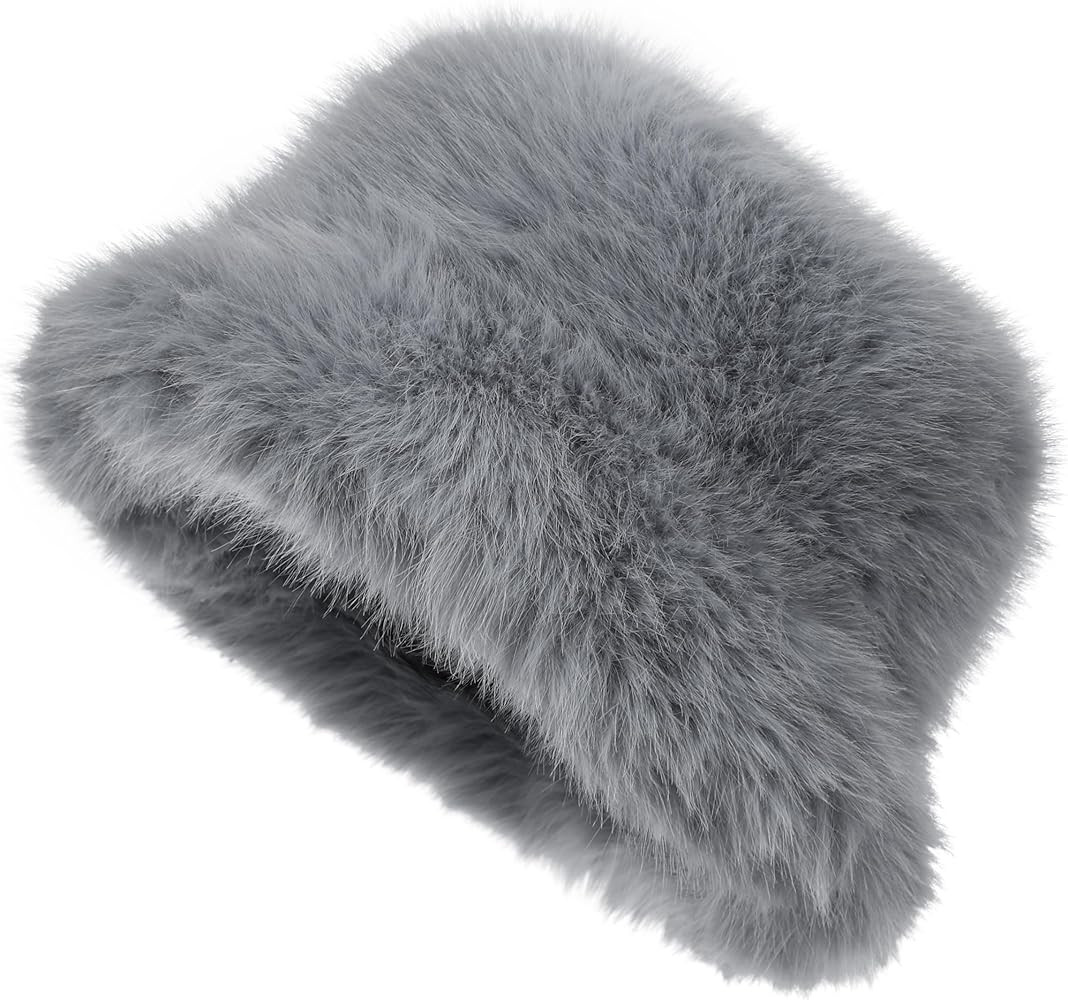 LA CARRIE Women's Fuzzy Wide Brim Faux Fur Bucket Hat Winter Warmer Fisherman Cap | Amazon (US)