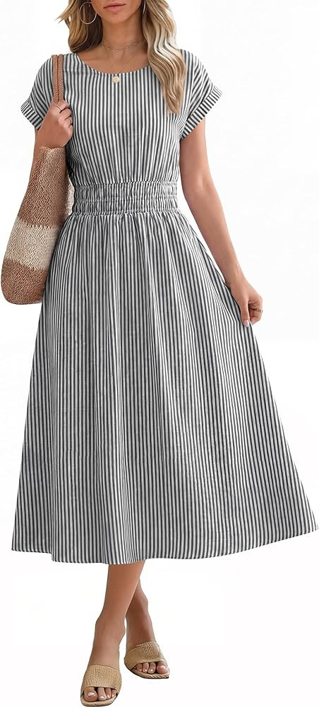ANRABESS Womens Summer Midi Dress Striped Casual Short Sleeve Crewneck Empire Waist 2026 Flowy Lo... | Amazon (US)