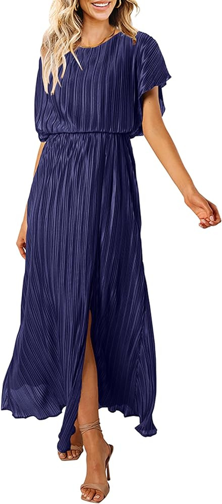 CCTOO Womens Summer Maxi Dresses: Casual Short Sleeve Crewneck Slit Sundress Ruffle Pleated Long ... | Amazon (US)