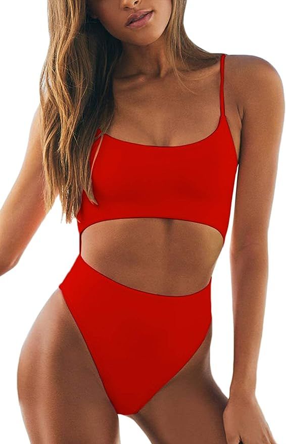 Meyeeka Womens Scoop Neck Cut Out Front Lace Up Back High Cut Monokini One Piece Swimsuit | Amazon (US)