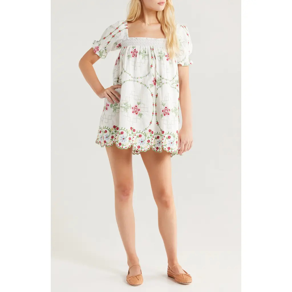 Damson Madder Lulu Embroidered Organic Cotton Shift Minidress in White at Nordstrom, Size 10 Us | Nordstrom