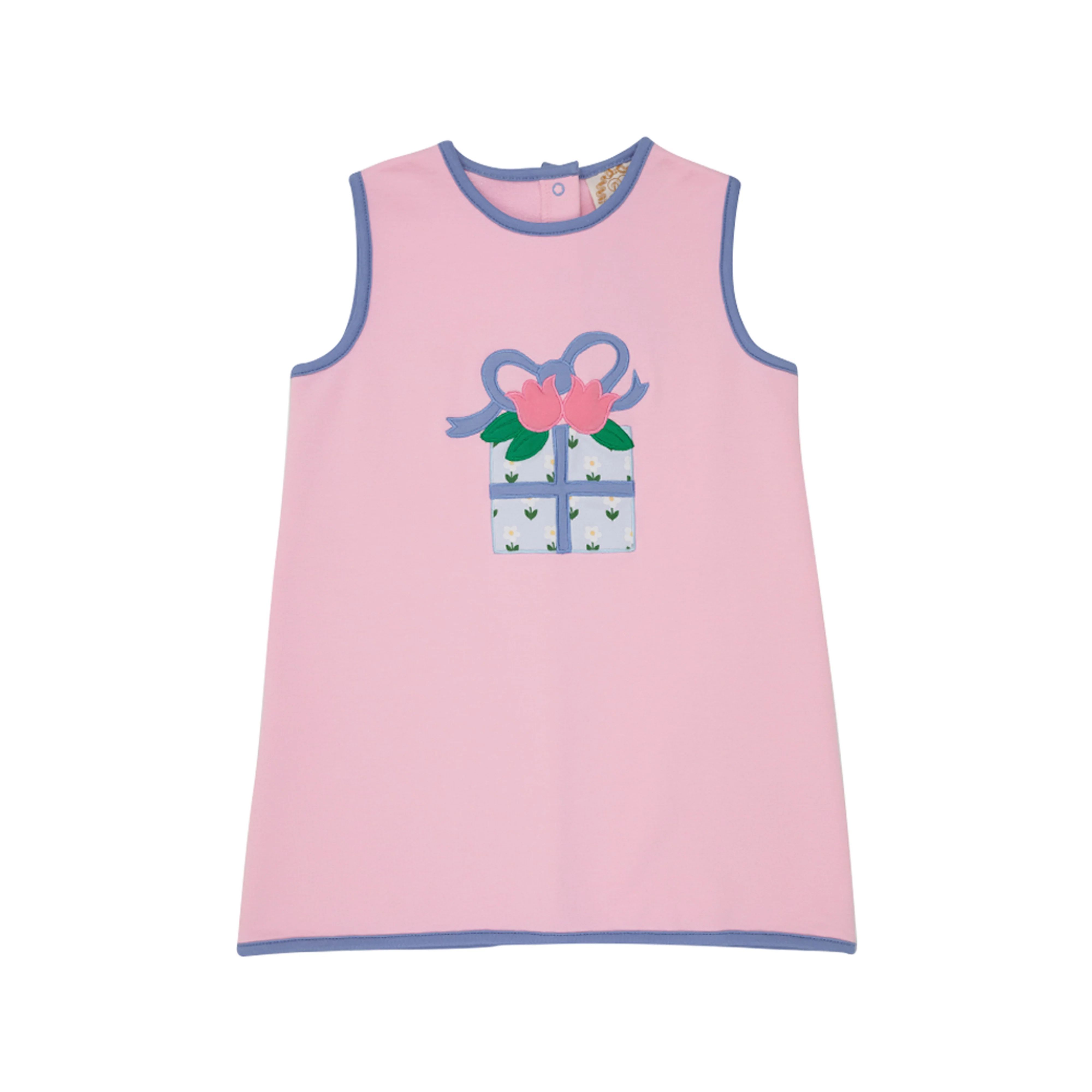 Annie Apron Dress (Knit) - Palm Beach Pink with Gift Applique | The Beaufort Bonnet Company