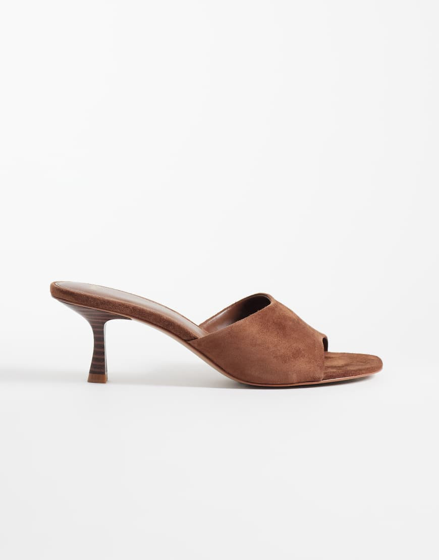 Mango 100% suede leather heeled mules in brown | ASOS (Global)