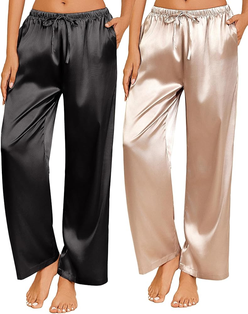 Ekouaer 2 Pack Womens Satin Pajama Pants Silk Sleep Lounge Pants Loose Pj Bottom with Pockets | Amazon (US)