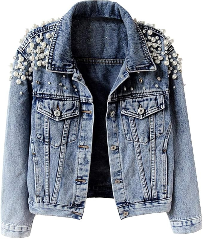 Hixiaohe Women's Vintage Embroidered Rivet Pearl Denim Jacket Short Jean Coat | Amazon (US)