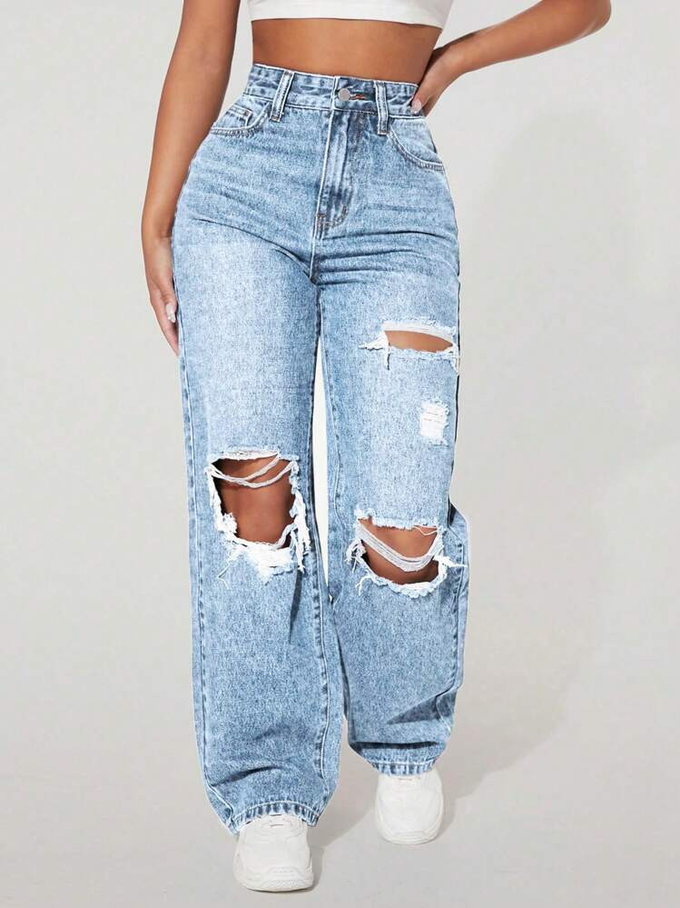 SHEIN PETITE Casual Washed Distressed Straight-Leg Jeans | SHEIN