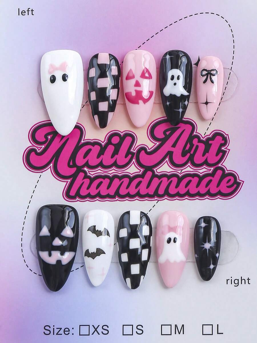 10pcs Handmade Almond Shaped Fake Nails, Y2K Style Press-On Nails, Black & Pink Sweet Cool Color ... | SHEIN