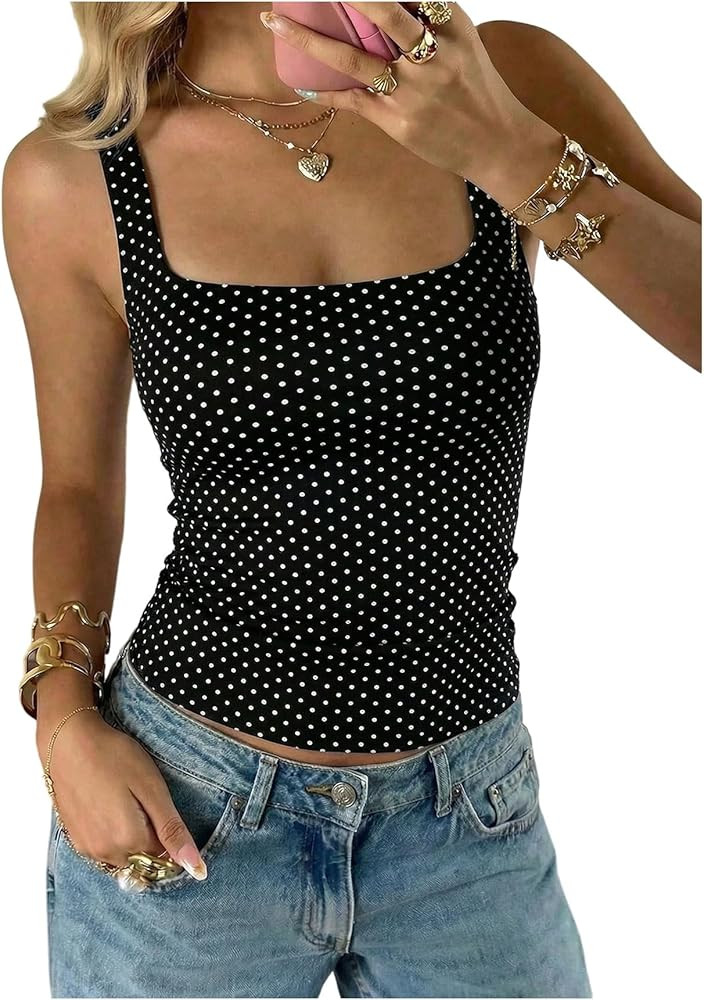 MakeMeChic Women's Polka Dots Square Neck Crop Tank Top Y2k Sleeveless Fitted Summer Going Out To... | Amazon (US)