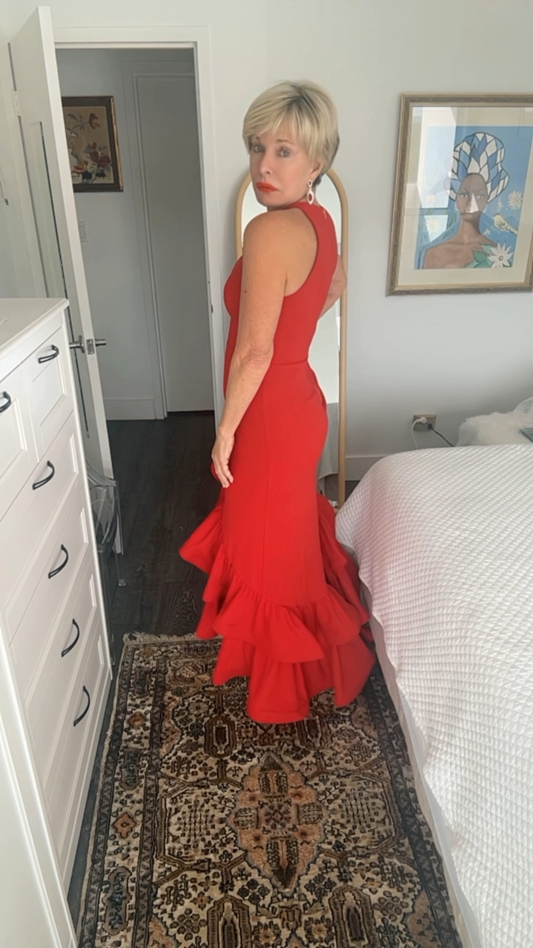 Beautiful crepe tired ruffle dress. Halter, lettuce hem. Fits great.  A must for weddings and Holiday parties.  Several colors  

#LTKHoliday #LTKSeasonal #LTKParties