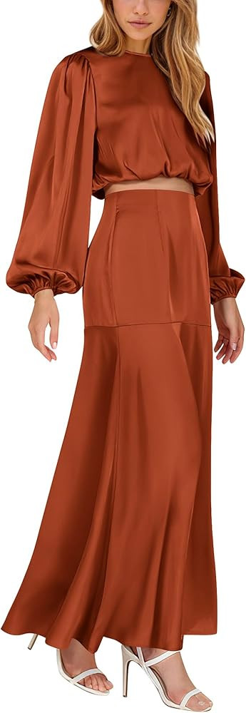 BTFBM Casual Women 2023 Fall Two Piece Satin Outfit Lantern Sleeve Crewneck Crop Top and Flowy Ma... | Amazon (US)