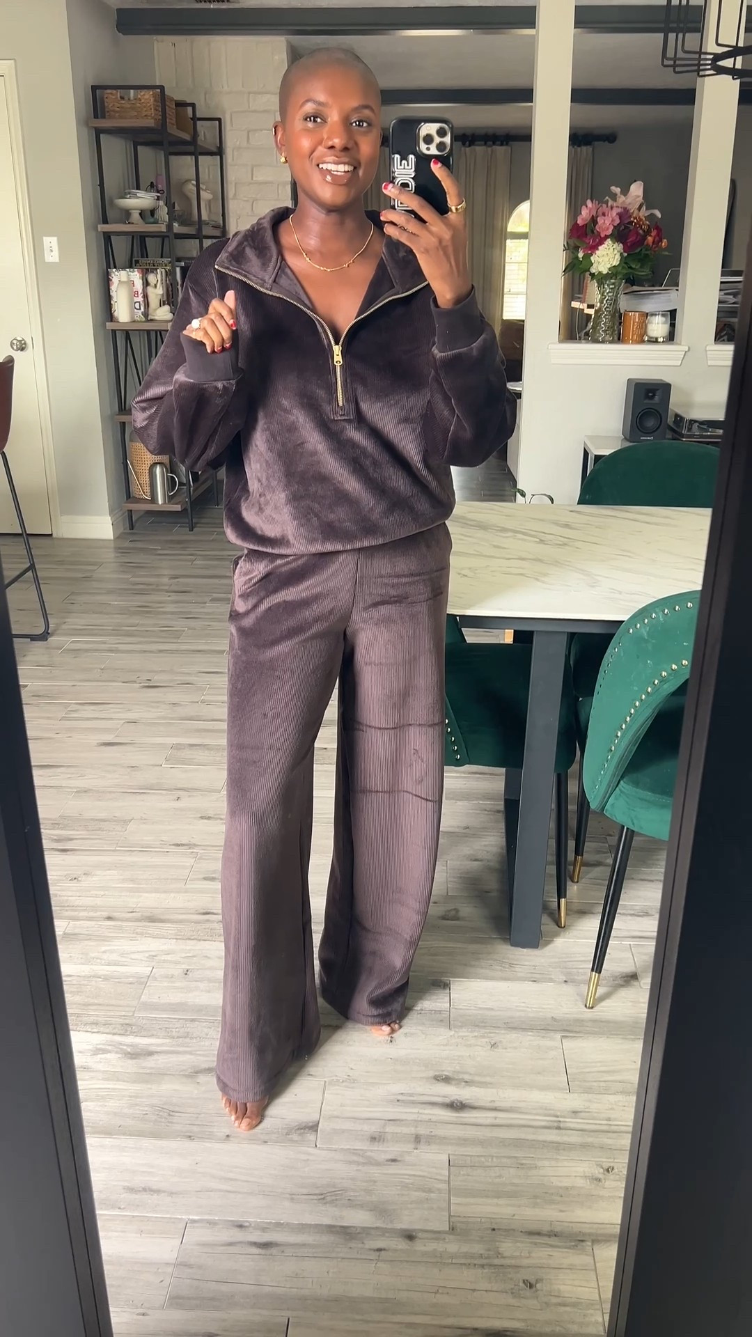 Great gift for the cozy lover! Easy to wear brown set! Plush ribbed wide leg pants, quarter zip top, gold earrings and custom gold necklace. 

#LTKGiftGuide #LTKCyberWeek #LTKHoliday