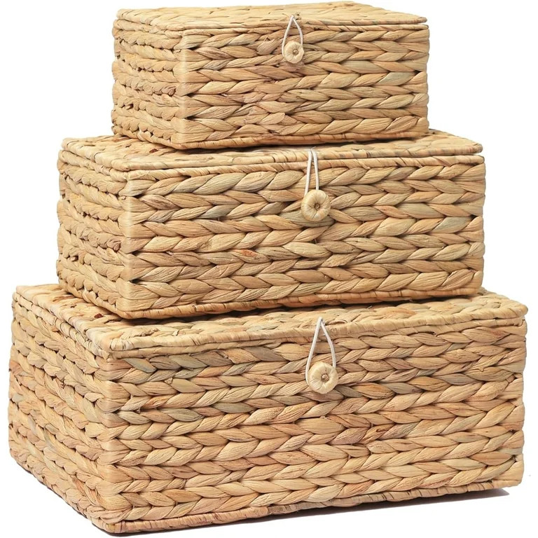 Set of 3 Wicker Storage Baskets with Lid, Large Rectangular Rattan Basket Decorative Boxes, Natur... | Walmart (US)