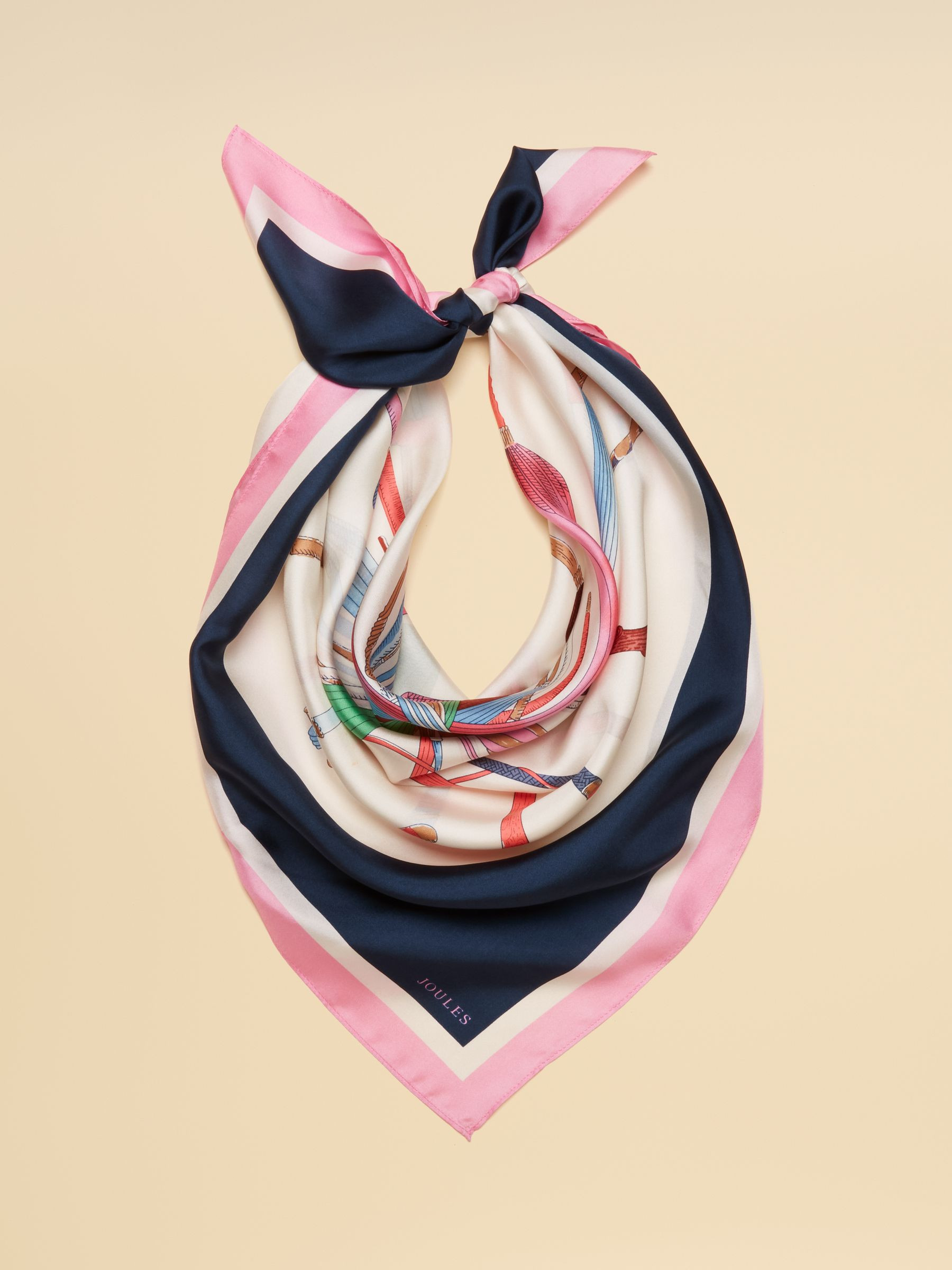 Bloomfield Cream & Navy Printed Square 100% Silk Scarf | Joules | Joules