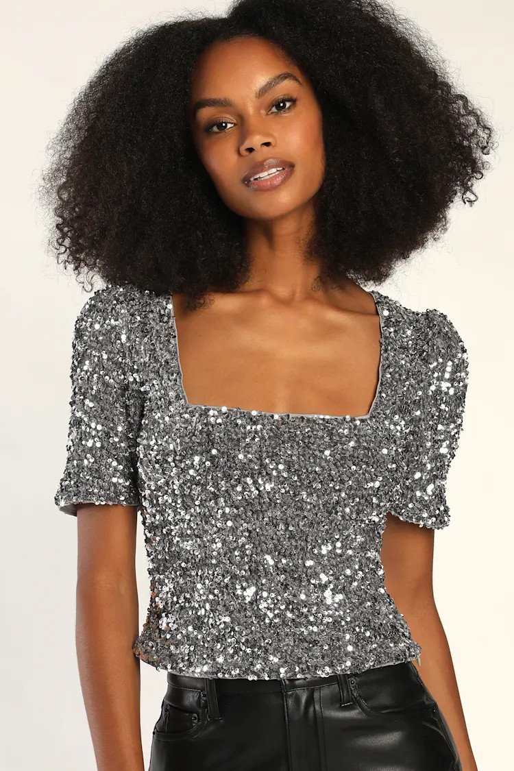 Sparkling Marvel Silver Sequin Square Neck Crop Top | Lulus (US)