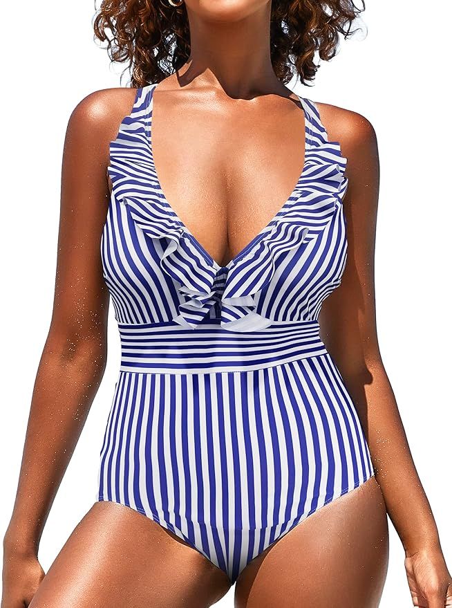 SouqFone Womens Bathing Suits Tummy Control Plunge Neck Ruffled Criss Cross Back One Piece Swimsu... | Amazon (US)