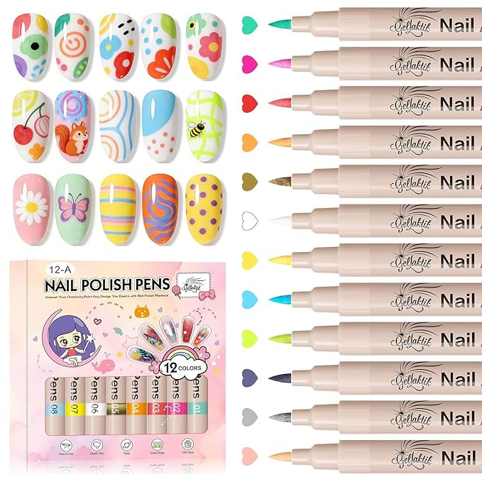 12 Colors Nail Art Pens Set, 3D Nail Color Pens, Quick-Drying Acrylic Paint Markers, Dotting Line... | Amazon (US)