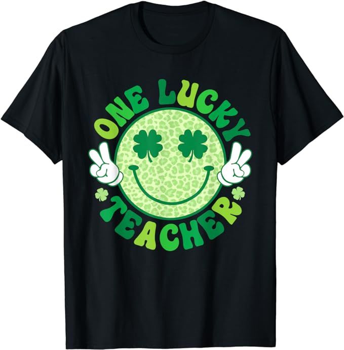 One Lucky Teacher Groovy Smile Face Patrick’s Day Shamrock T-Shirt | Amazon (US)