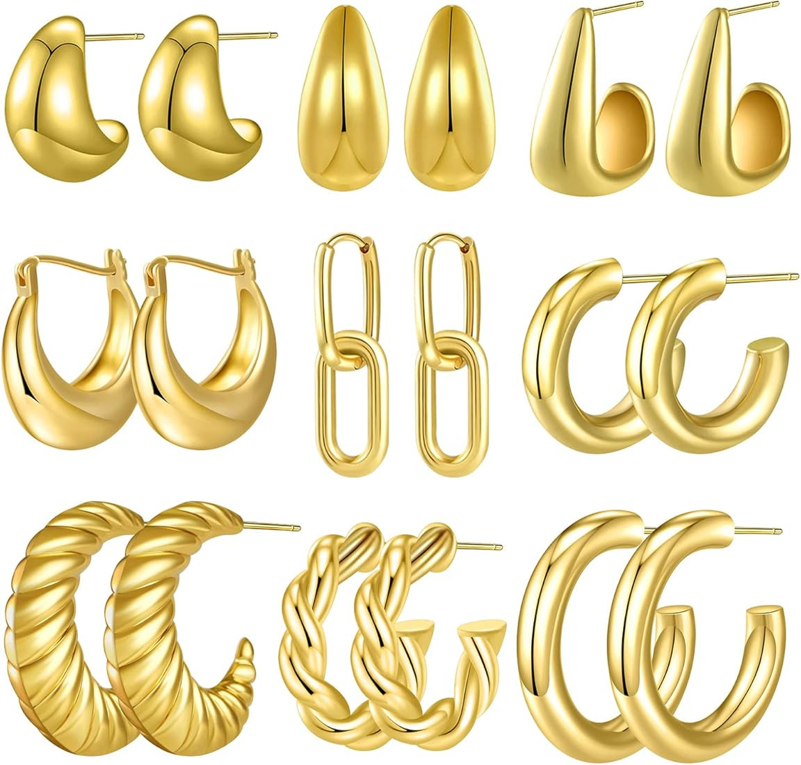 9 Pairs Chunky Gold Silver Hoop Earrings Set for Women Girls 14K Gold Plated Hypoallergenic Twist... | Amazon (US)