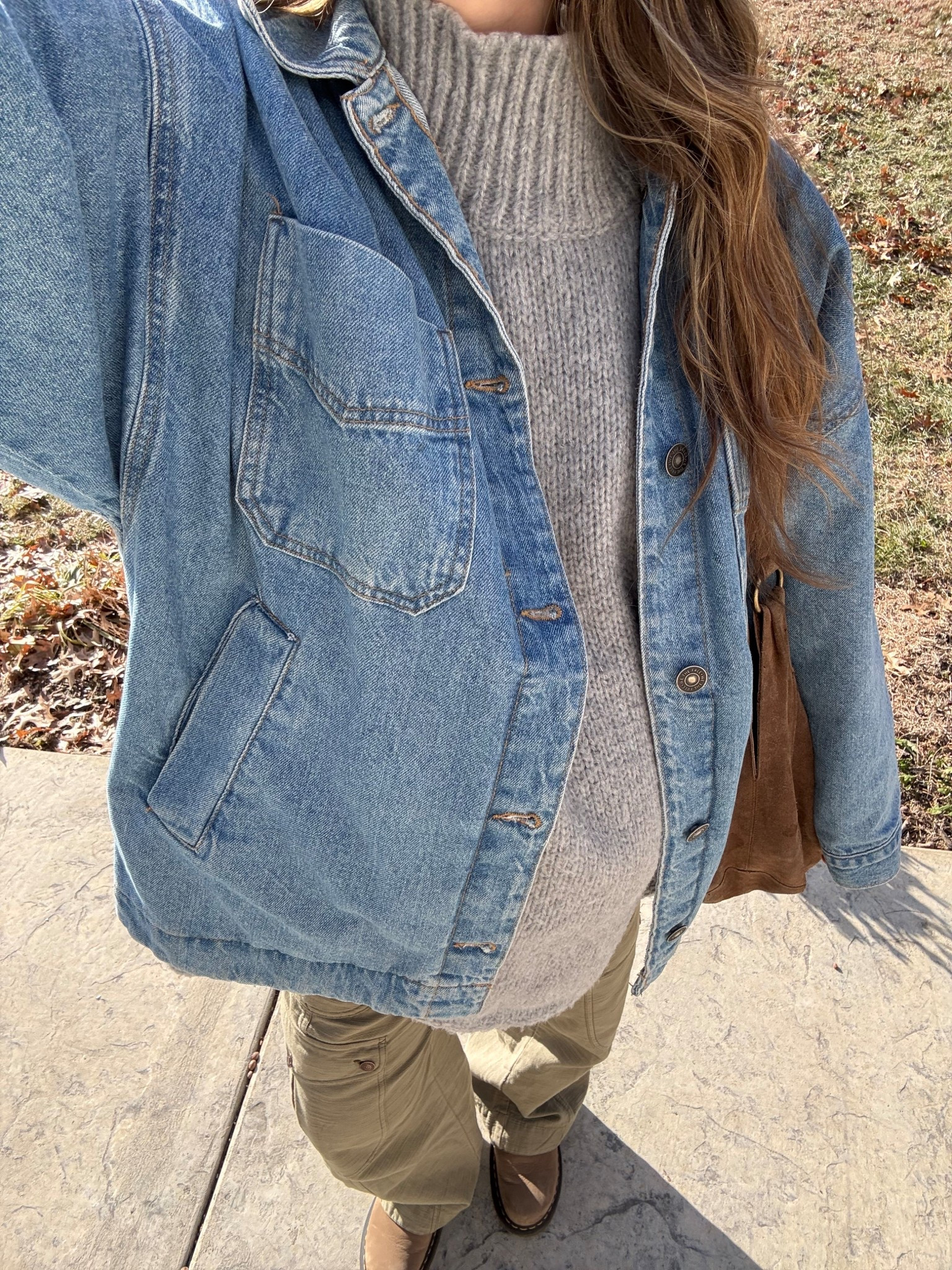 wearing a small in denim jacket and oversized sweater! Sized up in pants for the bump, bump friendly, wearing a medium! 

Winter outfit 

#LTKBump
