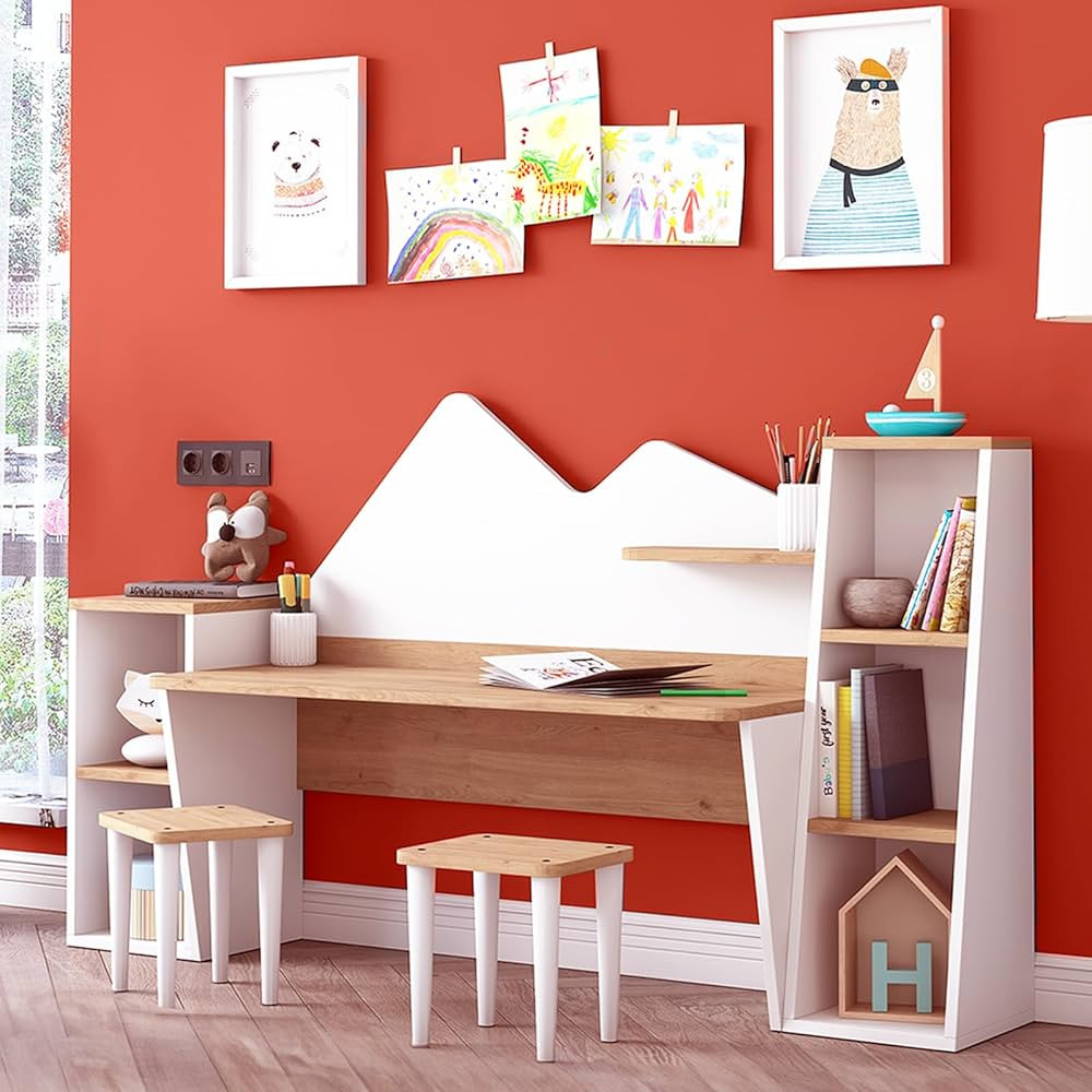 LAWA FURNITURE Kid's Study Desk with Bookshelf + 2 Stools for Ages 3-8, Wooden Children Activity ... | Amazon (US)