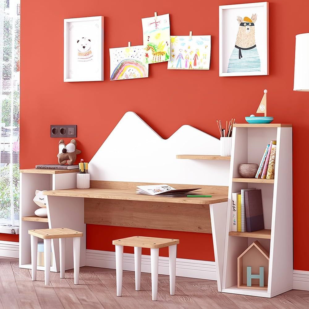 LAWA FURNITURE Kid's Study Desk with Bookshelf + 2 Stools for Ages 3-8, Wooden Children Activity ... | Amazon (US)