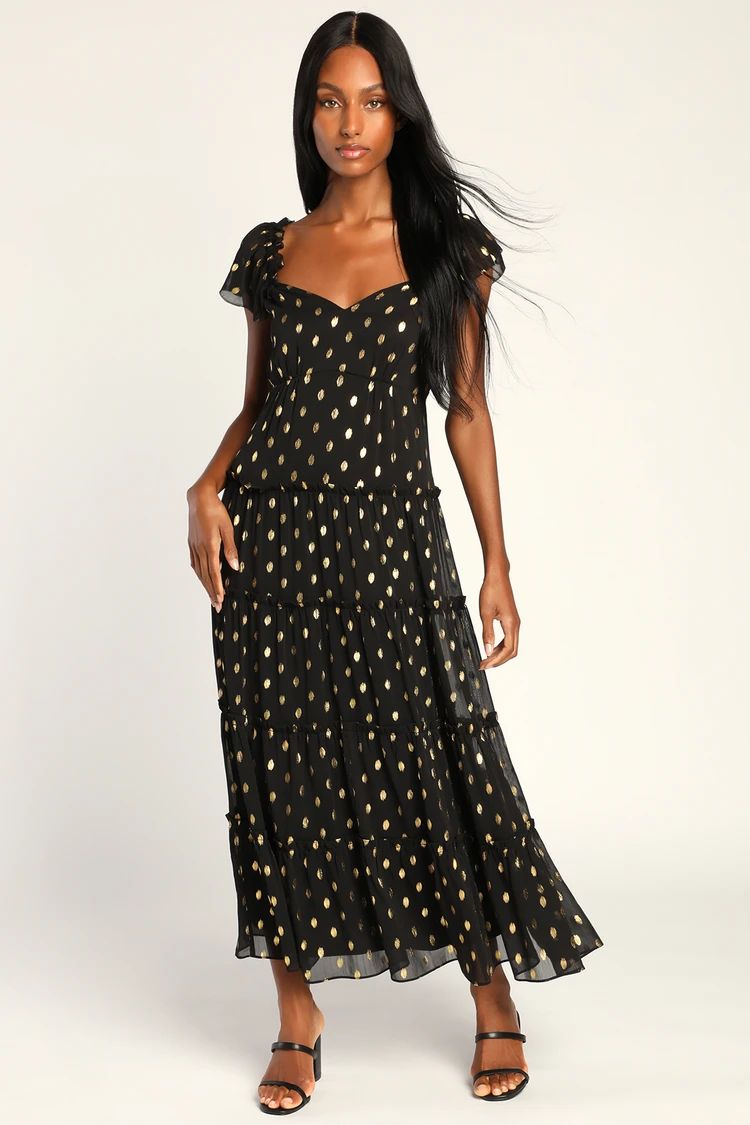 Drops of Sunshine Black Polka Dot Ruffle Tiered Maxi Dress | Lulus (US)