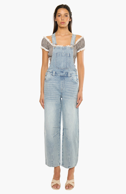KanCan Aide Barrel Denim Overalls in Medium Light Wash at Nordstrom, Size Large | Nordstrom