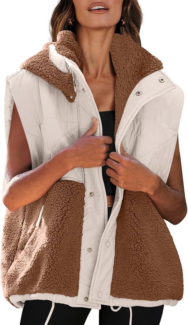 Nirovien Womens Oversized Quilted Vest Color Block Fleece Vest Button Down Padded Outwear Removea... | Amazon (US)