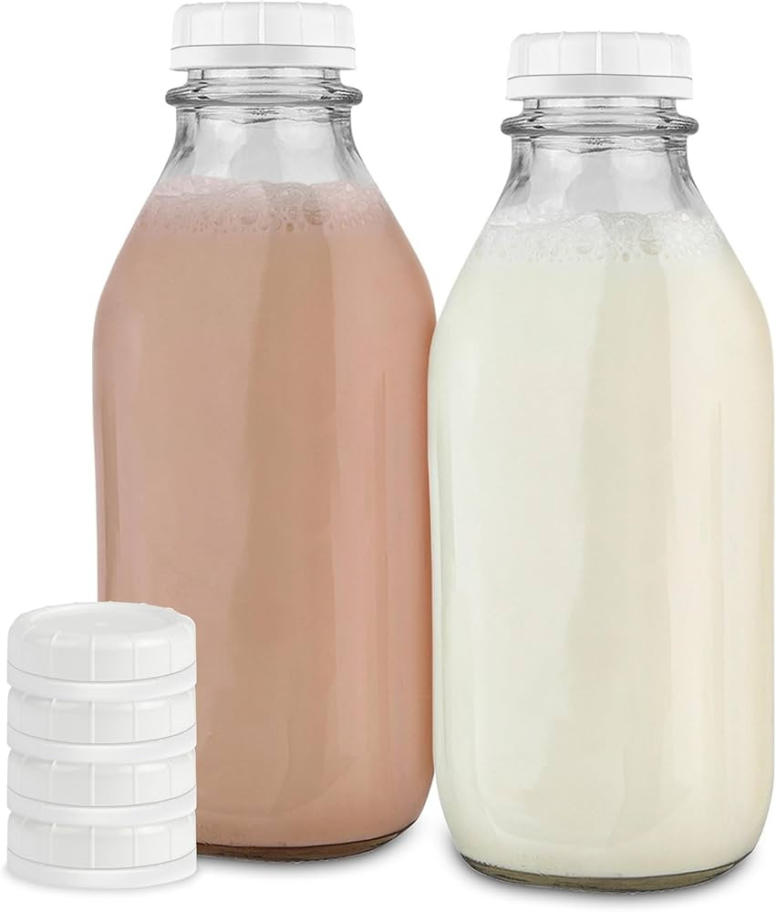 Stock Your Home Liter Glass Milk Bottles (2 Pack) - 32-Oz Milk Jars with Lids - Food Grade Glass ... | Amazon (US)