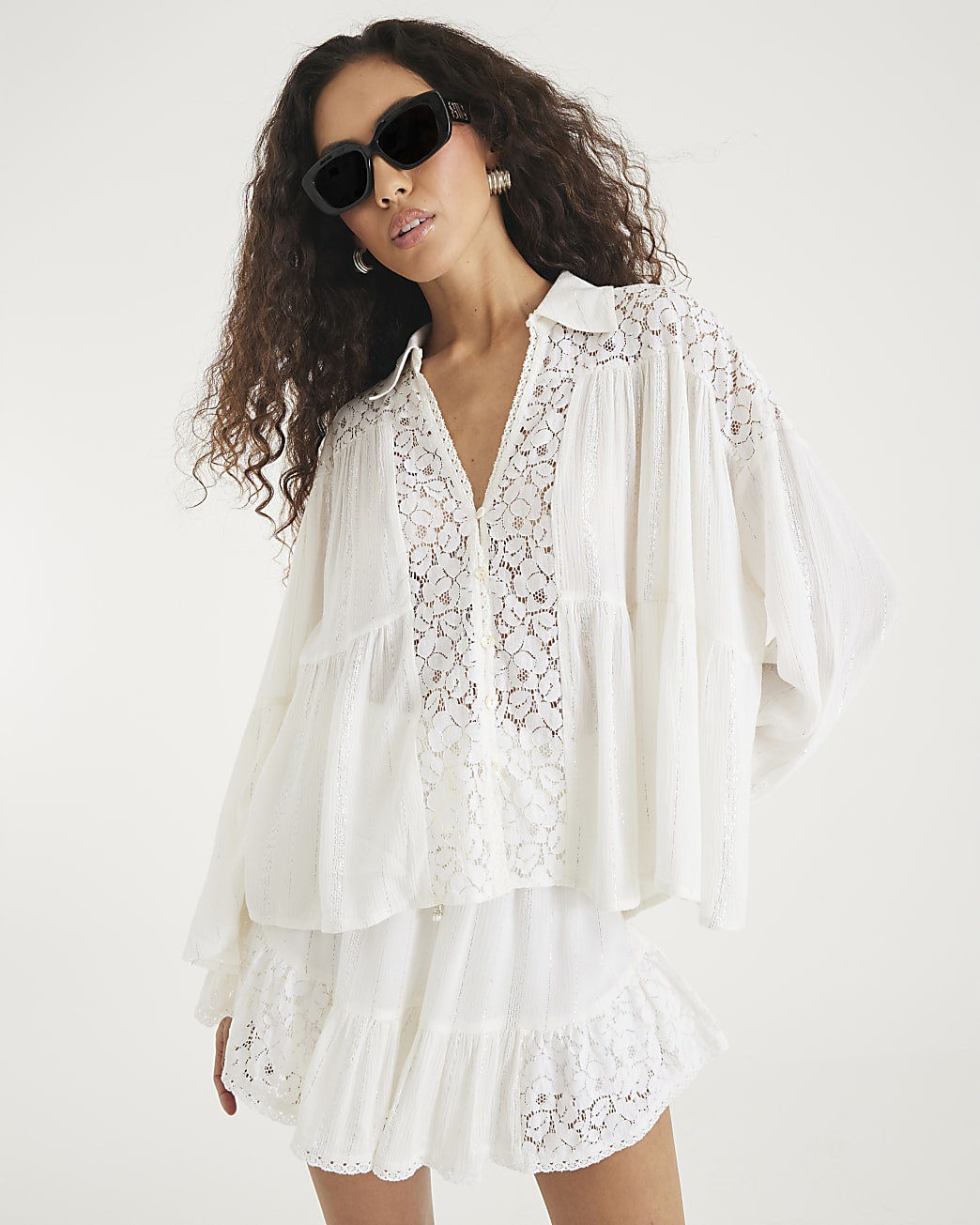 Cream Lace Mix Long Sleeve Shirt | River Island UK & IE