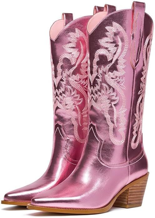 Western Cowboy Mid Wide Calf Boots Pull-Up Tabs Embroidered Sparkly Glitter Metallic Cowgirl Boot... | Amazon (US)