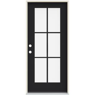 36 in. x 80 in. Right-Hand 6 Lite Clear Glass Black Painted Fiberglass Prehung Front Door with Br... | The Home Depot