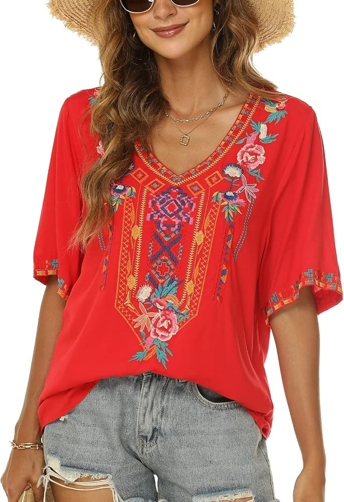 Vakakado Women's Boho Embroidered Tops Mexican Peasant Style Bohemian Short Sleeve Shirt Hippie C... | Amazon (US)
