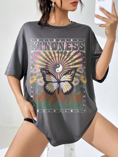 SHEIN EZwear Butterfly & Floral Print Drop Shoulder Oversized Tee | SHEIN
