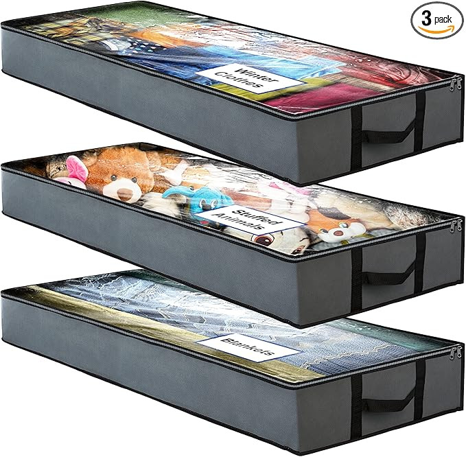 NeatNestly SmartCube Under Bed Storage Bags - 3 Pack Large 39" x 18" x 6" Gray Containers with Re... | Amazon (US)