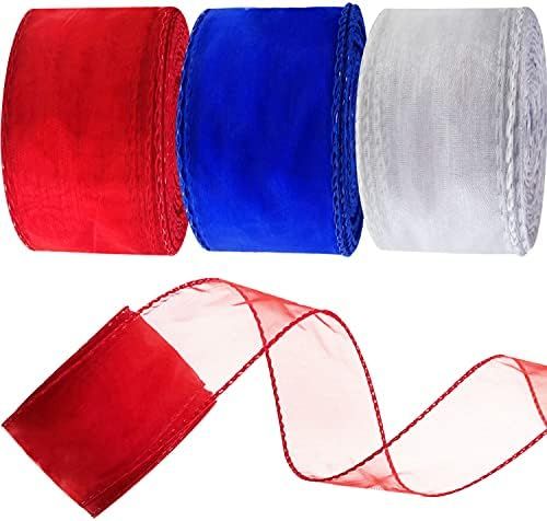 Llxieym Red White Blue Ribbon Wired Ribbon for 4th of July 3 Rolls (Color A, 1-1/2'') | Amazon (US)