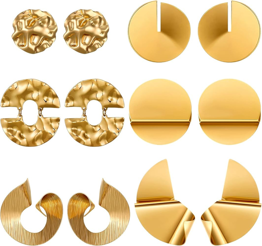 6 Pair Gold Statement Earrings for Women Girls Large Gold Geometric Earrings Woven Twisted Ginkgo... | Amazon (US)