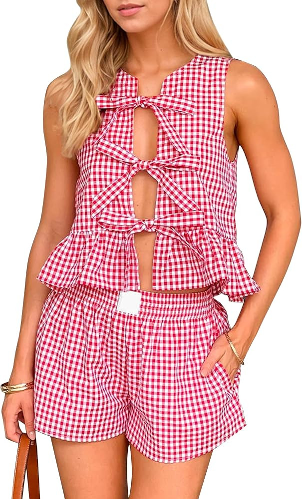 Women Y2k Gingham Two Piece Sets Tie Front Plaid Tank Top and Wide Leg Shorts Pajama Set Vacation Outfits with Pockets | Amazon (US)