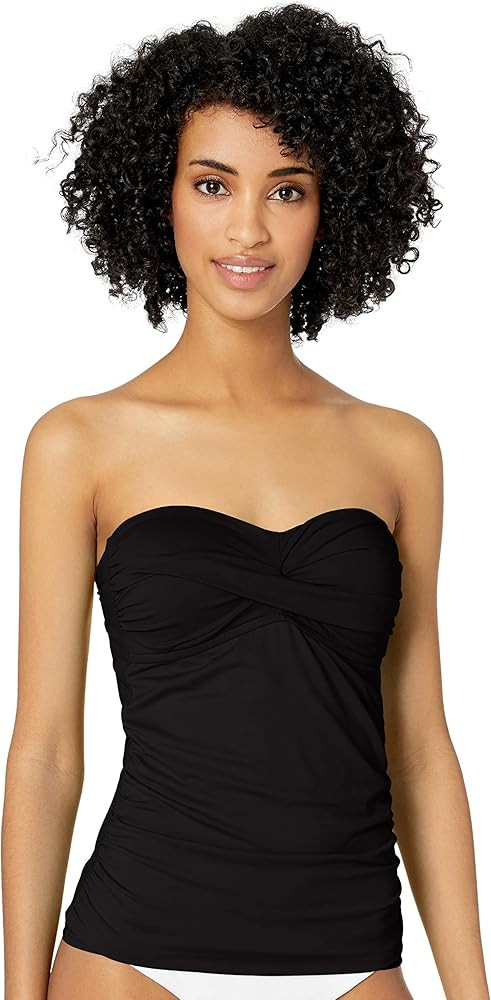 Women's Solid Twist Front Shirred Bandeau Tankini Swim Top | Amazon (US)