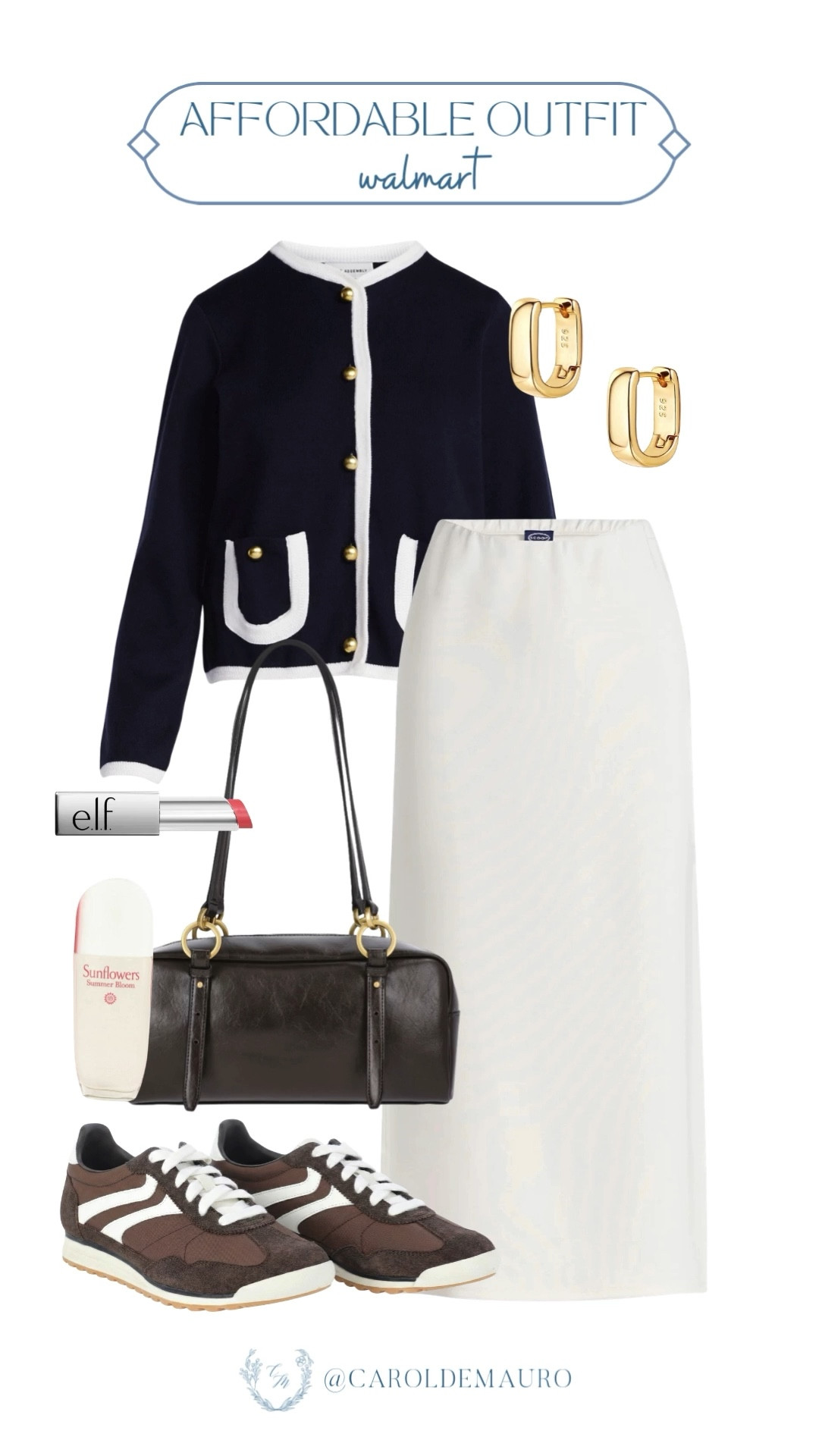Achieve an effortlessly chic look without the designer price tag by pairing a structured navy cardigan with a crisp white maxi skirt! Complete your polished ensemble with classic gold hoops, a chocolate brown handbag, and comfortable neutral sneakers for the perfect affordable style.

walmart fashion, affordable style, casual chic, brunch outfit, pinterest inspo, fashion accessories, elf lipstick, clean girl look

#LTKootd #LTKSeasonal #LTKU