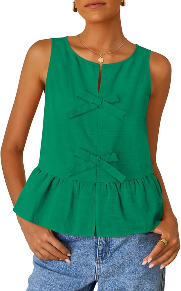 ZESICA Women's Summer Sleeveless Peplum Tank Tops 2026 Tie Front Crewneck Loose Flowy Ruffle Baby... | Amazon (US)