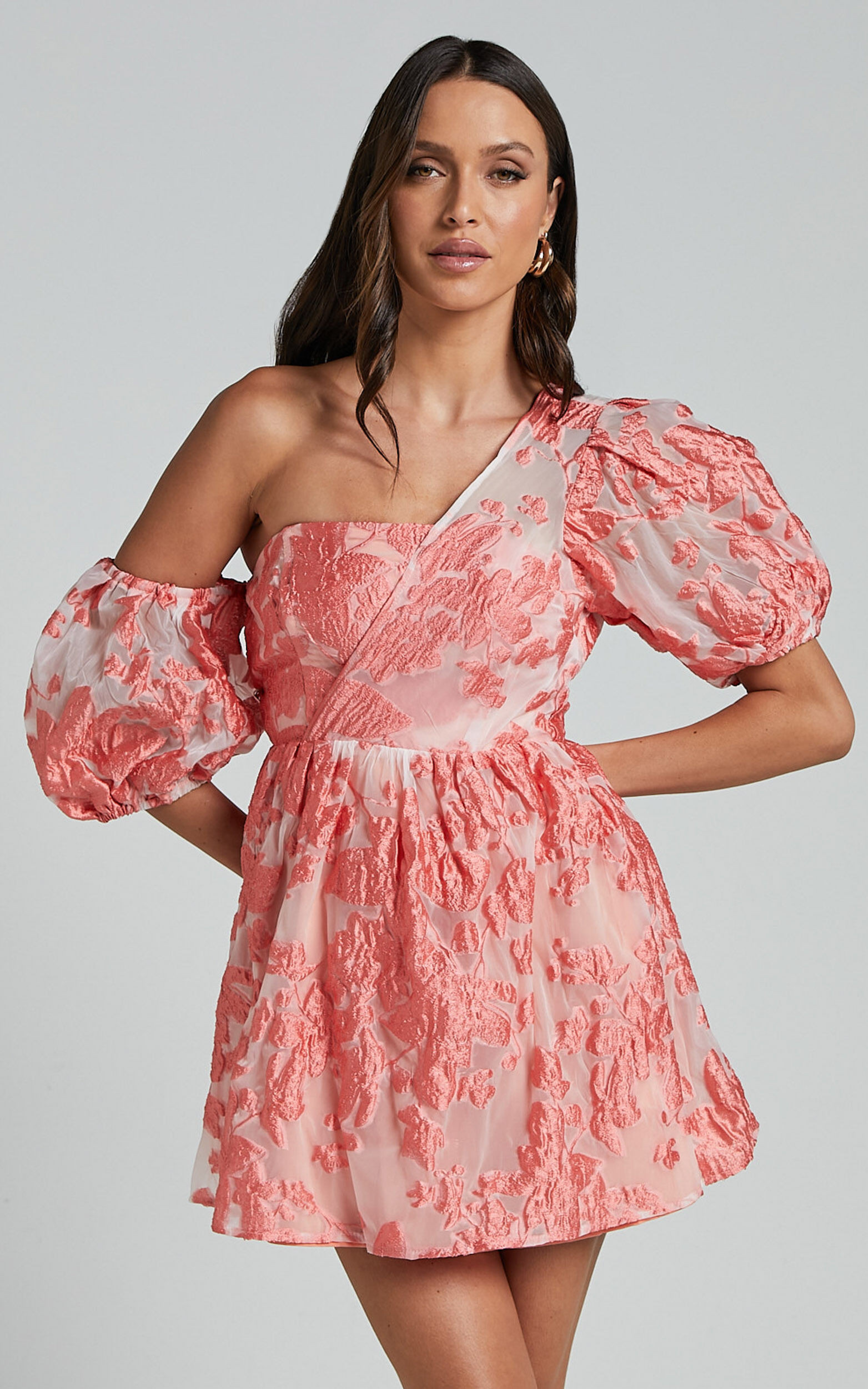 Charrie Mini Dress - One Shoulder Puff Sleeve Dress in Peach Jacquard | Showpo (US, UK & Europe)
